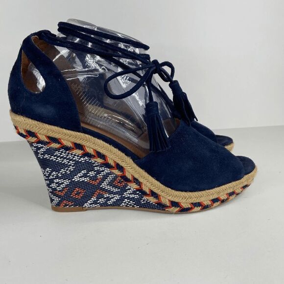 CAbi Isla Espadrille Ankle Wrap Tassel Bohemian Wedge Sandals Navy Blue Size 9 - Picture 3 of 8